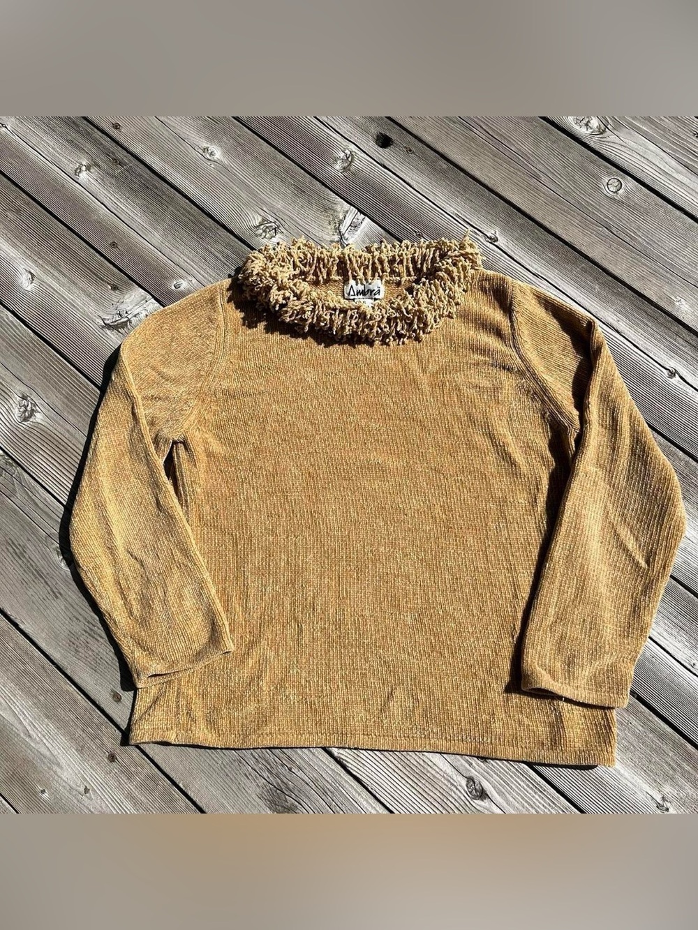 Ambra camel colored fringe collar sweater